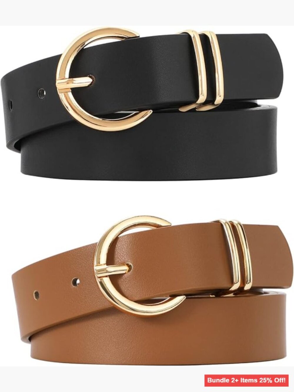 2 Pack Faux Leather Belts Gold Buckle Women's Waist Belt for Jeans Dresses